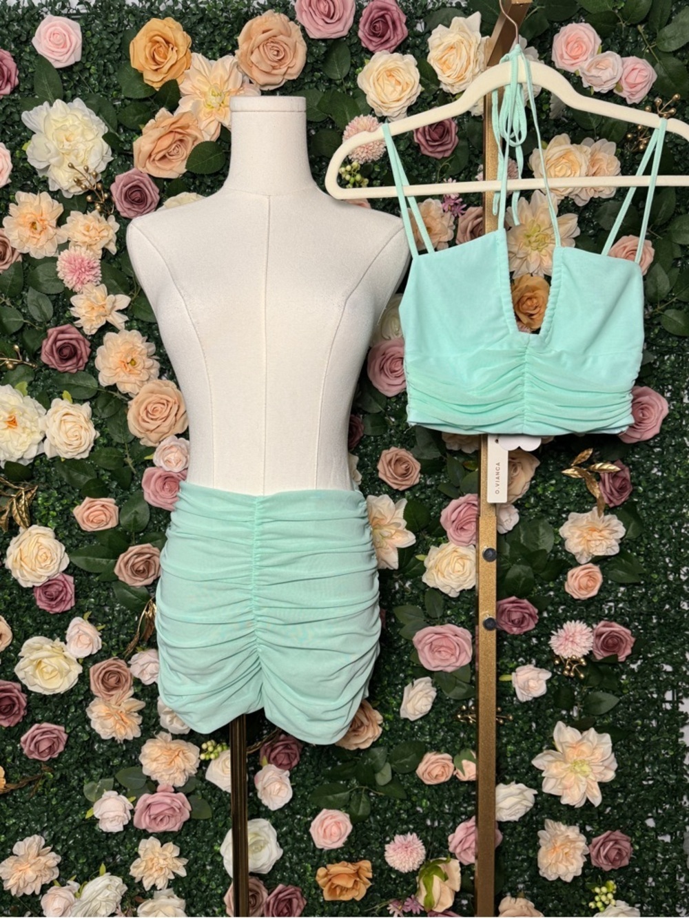Mint Ruched Two-Piece Crop Top & Mini Short Set NWT
